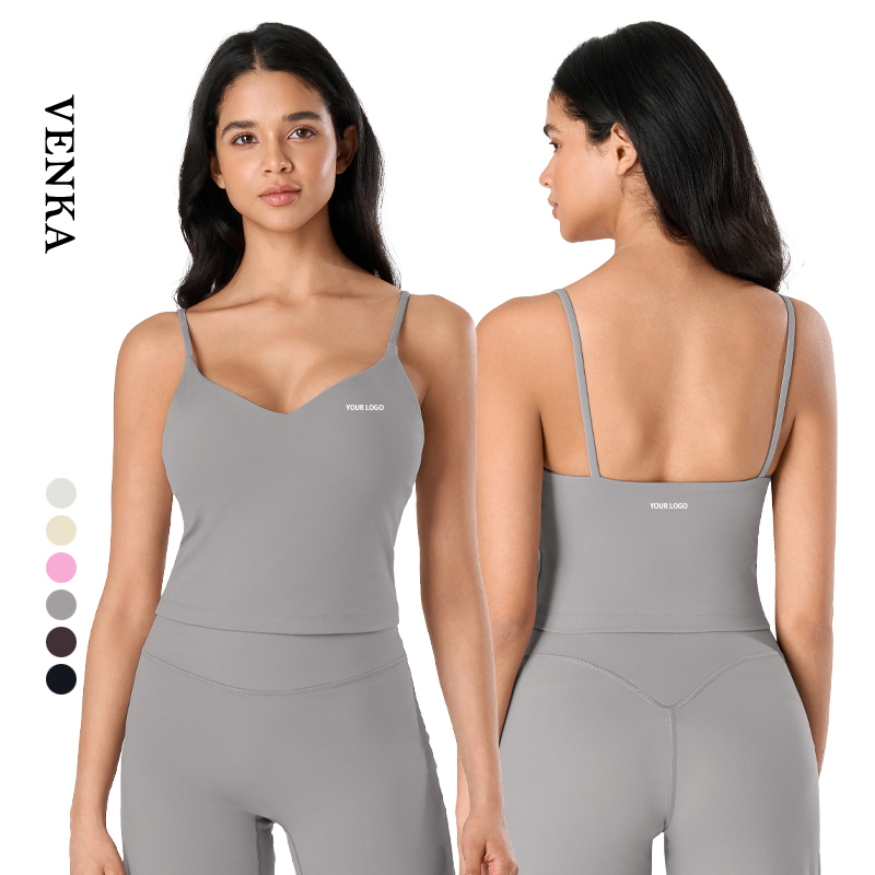 Women Sexy Push up Camisole Beautiful Back Deep V-Neck Sleeveless Top With Chest Pad Thin Straps Custom Fitness Yoga Tank Top