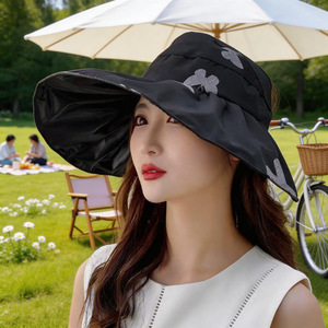 Chapeau de soleil d'été pour femme, style japonais, à large bord, protection UV, pliable, couleur unie, en polyester - Product Image 1