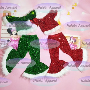 Conjunto de 4 Piezas para Niños, Estilo Europeo-Americano, Navidad, Terciopelo con Lentejuelas Bordadas en 3D, Pantalones de Campana Rojos para Bebés - Product Image 3