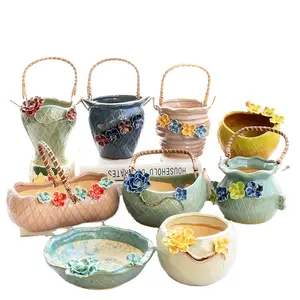 Cesta de flores personalizada estilo rattan portátil, vaso de flores de cerâmica suculenta