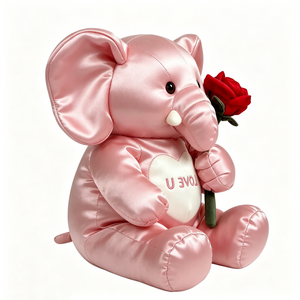 Elefante de Peluche Personalizado en Satén Rosa Brillante y Sedoso, con Rosa Roja, Corazón Blanco Bordado con la Frase LOVE U, Elefante Sentado de Peluche - Product Image 5