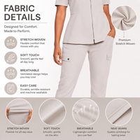 Ensemble uniforme de travail pour femme en coton antibactérien, comprenant un haut à col montant, fermeture éclair intégrale, manches courtes, style peplum et un pantalon jogger à poches, personnalisable
