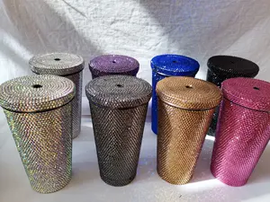 Botol Air Kustom Mewah 304 Stainless Steel Gelas Bling Tumbler Glitter 450Ml Botol Air Bling Kaca dengan Sedotan