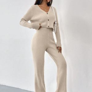 Ensemble deux pièces pour femmes, décontracté, ample, tendance, cardigan à manches longues boutonné, pantalon large, automne-hiver, vêtements de tous les jours, à porter à la maison, en ligne - Product Image 6