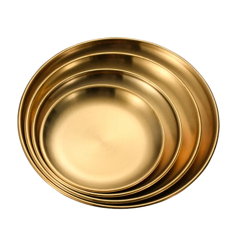 Stainless Steel Gold Plate Korea Roaster Tray Round Plate Dishes Serving for Food Sanding Metal Golden Charge Plates