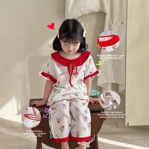 סט חצאית גזה מודפסת עם הדפס מצויר, בגדי בית לילדים, סט מכנסיים קצרים לילדות לקיץ, סופגי לחות - Product Image 2