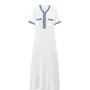 Robe longue en tricot pour femmes élégante et contrastée Robe chic col rond manches courtes boutons en métal Robes moulantes Office Lady Commuting Robe - Product Image 6