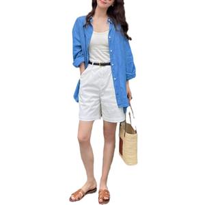Chic femmes haut d'été coupe ample bleu Ramie <span class=keywords><strong>lin</strong></span> coton Blouse Style français longue longueur chemise décontractée tissé crème solaire conception - Product Image 5