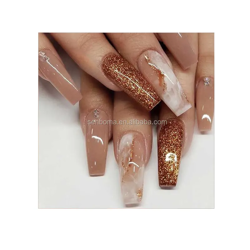 Faux ongles à pression en forme de cercueil, ongles artificiels en marbre à paillettes, ongles à la mode