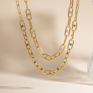 Collar de Cadenas Finas de Acero Inoxidable 18K con Engaste de Bisel de Diamantes de Imitación Geométricos, Joyería para Uso Diario y Ocio - Product Image 4