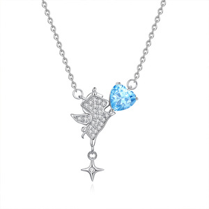 Collar con Colgante de Caballo Pequeño de Anime con Topacio Azul de 6mm, Plata de Ley 925, Joyería Fina para Niñas, Regalo de Cumpleaños - Product Image 1