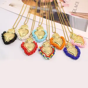 NM1306 Fashion 18k Gold Plated Multi Colored Colorful Rainbow Tiny Seed Beaded Scared Heart Stainless Steel Chain Necklace