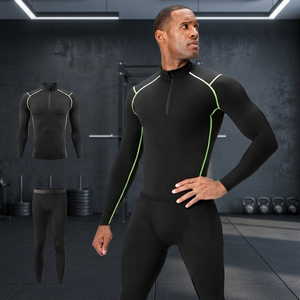 Ensemble de sous-vêtements de compression noirs pour hommes, manches longues, col montant, évacuation de l'humidité, respirant, séchage rapide, vêtements de sport ajustés - Product Image 4