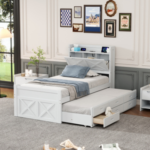 Twin Size Wooden <b>Bed</b> with <b>Storage</b> Headboard with Outlets Extendable <b>Bed</b> Trundle with Three <b>Storage</b> Drawers for Hotel Bedroom - Product Image 1