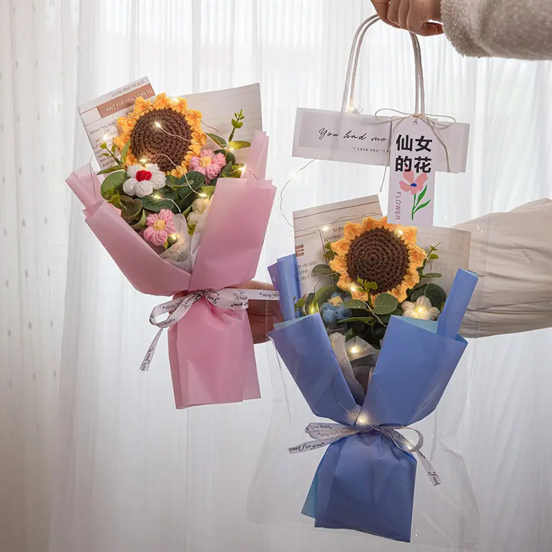 El örme ayçiçeği iplik buket yaratıcı doğum günü hediyesi mezuniyet hediyesi örme ölümsüz çiçekler