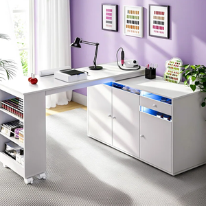 Table de manucure en forme de L avec collecteur de poussière, bureau à ongles avec armoire de rangement, poste de travail à ongles rotatif et convertible avec lumière LED - Product Image 5