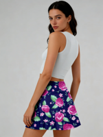 Mini-jupe trapèze taille naturelle pour femme, motif floral bleu marine et rose, style Y2K rétro décontracté