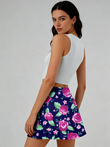 กระโปรงมินิทรงเอเอวสูงสีน้ำเงินกรมท่าลายดอกกุหลาบสีชมพูสำหรับผู้หญิง ผ้าใยนมยืดหยุ่นสูง สไตล์วายทูเค ย้อนยุค ลำลอง - Product Image 2