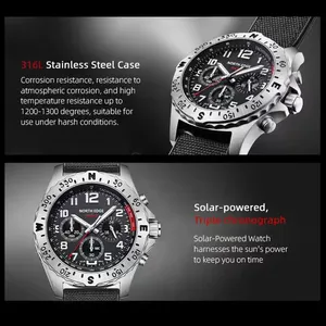 Montre à quartz pour homme NORTH EDGE MACH2, énergie solaire, boîtier en acier inoxydable 316, pilote, étanche 50M, chronomètre, montre homme - Product Image 2