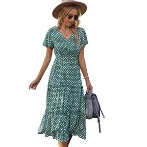 2022 new arrival summer Boho short sleeve dot print women's clothes casual holiday big swing women's dresses