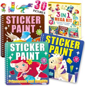 3 Libros de Pegatinas de Papel con Espiral para Niños de 4 a 8 Años, Temas de Sirena, Dinosaurio y Príncipe, 30 Pegatinas con Números - Product Image 1
