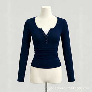 Nueva Blusa de Punto con Cuello en V, Ajustada y de <span class=keywords><strong>Manga</strong></span> Larga, Estilo Europeo Americano 2026, con Cintura Fruncida, Blusa <span class=keywords><strong>Corta</strong></span> para Chicas Modernas, Venta al por Mayor Transfronteriza - Product Image 3