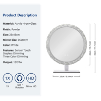 Miroir de maquillage rond en cristal blanc avec lumières LED 40 cm, 3 modes de couleur, variateur d'intensité, capteur tactile, rotation à 360°