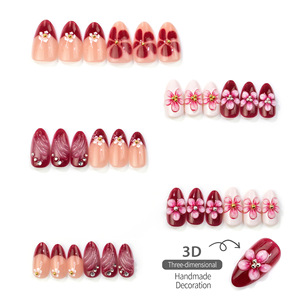 30 Uñas Postizas Cortas en Forma de Almendra, Otoño Invierno, Elegantes, Francesas, Dulces, con Flores 3D y Pedrería, Puntas de Uñas Postizas - Product Image 3
