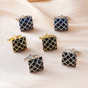 Boutons de manchette pour homme en laiton, agate, doré, émail noir, motif quadrillé, pour chemises de cérémonie, mariage, bleu, argent - Product Image 1