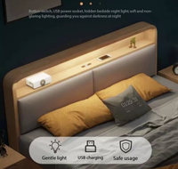 Lit mural moderne minimaliste en bois massif rembourré avec lumières LED, ports USB, rangement gain de place pour petits appartements et chambres