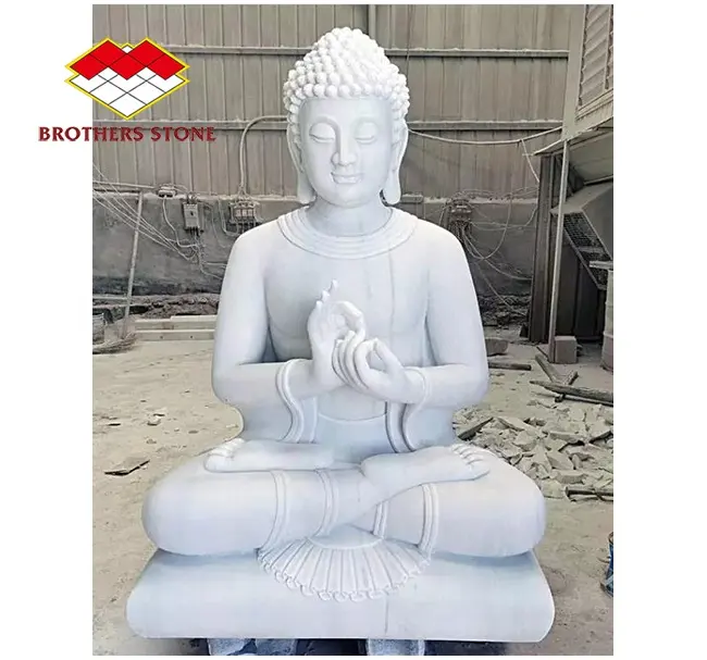 Buda de mármore branco sentado na estátua de lótus figura de mármore de Buda sentado escultura monge budista