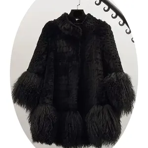 New Arrival Bright Color Black White Fashion Genuine 100% Real Mongolian Lamb Rabbit Fur Mid Long Coats For Women