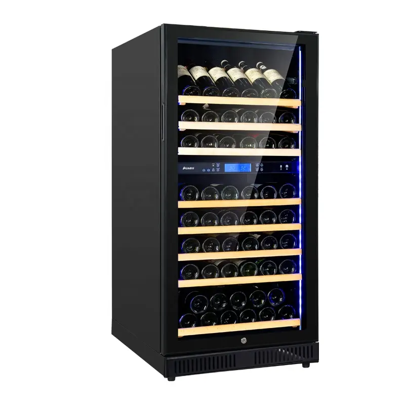 80 Bottle Preserve Wine Cooler and Alcohol Content 2 Temperature Zones Red Wooden Grain Wine Chiller Compressor Cooling System