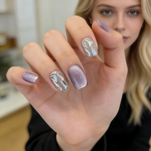 <span class=keywords><strong>Uñas</strong></span> Postizas Acrílicas con Degradado Cuadrado y Diseño de Cielo Estrellado Morado Estilo Francés, Incrustaciones Hechas a Mano, Cobertura Total, Certificación CE, 10 Piezas - Product Image 5