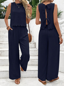 Ensemble haut sans manches à col carré et pantalon large pour femme, beige, tenue décontractée d'été, coton léger, coupe ample, longueur complète - Product Image 5