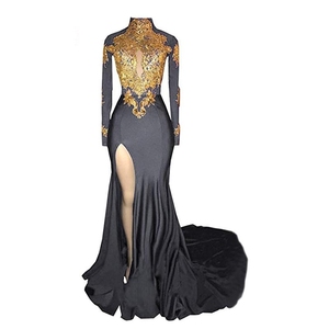 Abito da Sera a Sirena con Collo Alto per <span class=keywords><strong>Donna</strong></span> 2025, Nuovo Modello con Applicazioni Dorate, Maniche Lunghe, Spacco, <span class=keywords><strong>Vestito</strong></span> da Cerimonia Blu Royal con Strascico - Product Image 3