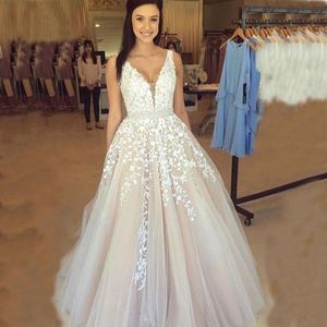 Wedding Dress Floor Length Sleeveless V Neck Ball Gown Tulle Embroidery Ivory White Bridal Dress - Product Image 1