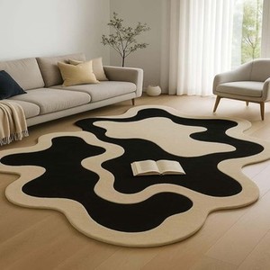 Irregular <b>Hand</b> <b>Tufted</b> Area <b>Rug</b>, Modern Abstract Black Ivory Wool <b>Rug</b> Mid Century Statement Designer Carpet for Livingroom Decor - Product Image 1