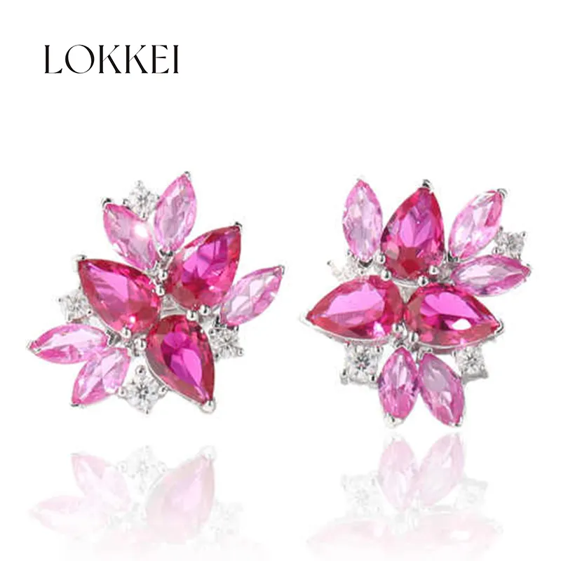 High Quality Wedding White Gold Pink Gemstone Moissanite Flower Stud Earrings For Women 925 Sterling Silver Jewellery