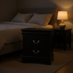 Comodino Moderno Nero a 2 Cassetti con Piano in Legno, Arredamento Tradizionale per Camera da Letto, Mobile Contenitore per la Casa - Product Image 3