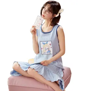Summer cotton student nightdress Korean casual cartoon cute girl pajamas can wear thin vest