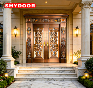 Porte de sécurité en cuivre avec cœur en acier inoxydable, double porte d'entrée principale pour villa, porte extérieure personnalisée pour manoir de <span class=keywords><strong>Normandie</strong></span> - Product Image 4