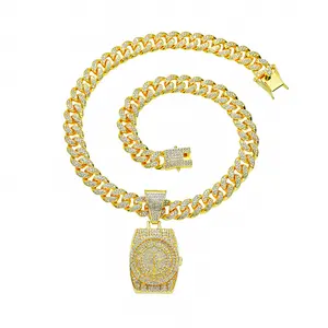 DUYIZHAO Hip Hopใหม่เพชรทองนาฬิกาจี้สร้อยคอไมอามี่Cuban Link Chainสําหรับผู้ชายผู้หญิงเครื่องประดับตกแต่ง