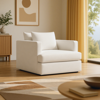 Fauteuil moderne en tissu texturé blanc, accoudoirs carrés, dossier bas, siège individuel, pour salon, appartement, hôtel, chaise de salon