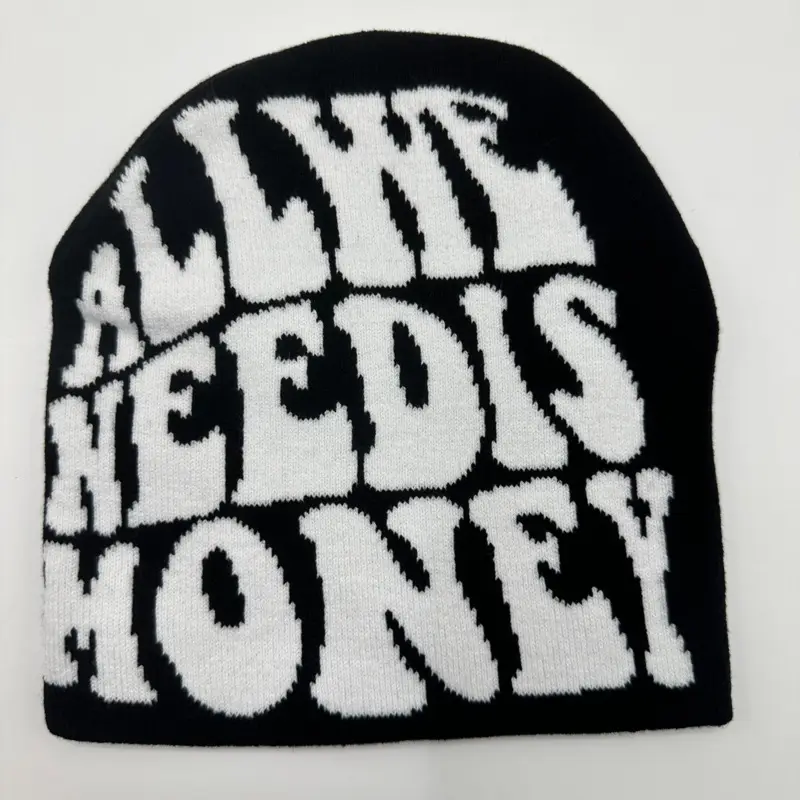 Unisex letter jacquard Y2K Beanie 100% Acrylic knitted ALL WE NEED IS MONEY Printed Stretchy Warm Hip Hop Winter hats