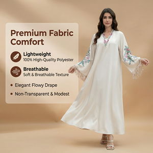 Vestido Largo Islámico con Mangas de Lentejuelas y Borlas, Estampado Crema, para Eventos - Product Image 4