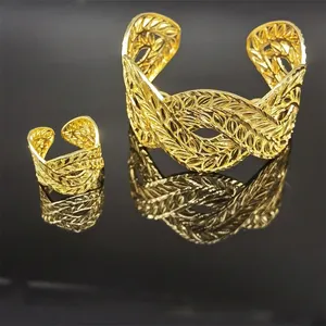 African India Fashion Copper Large Brass Jewellery Sets Women Geometric Wedding 24K Gold Plated Bangle Ring Set