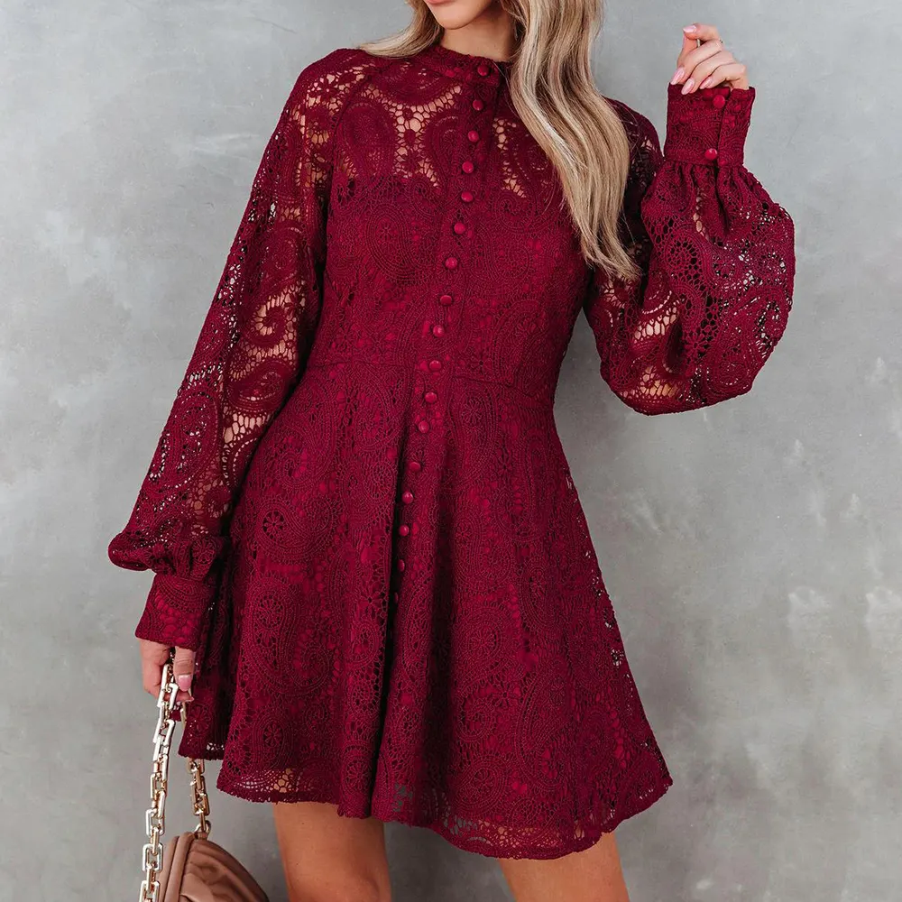 Plus Size Dress autumn and winter New round neck lace paisley breasted elegant A line dress with lining beautiful lace skirt