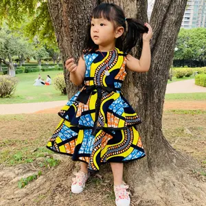 Nouveau Design en gros enfants africains portent Cool mode filles robe O cou robe en couches Ankara filles robe