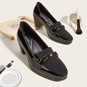 2022 New Thick Block Square Heel Black Ladies Pumps Bow Tie Bright PU Ly cra Splicing Comfortable Women's Pump Dress Close Shoes